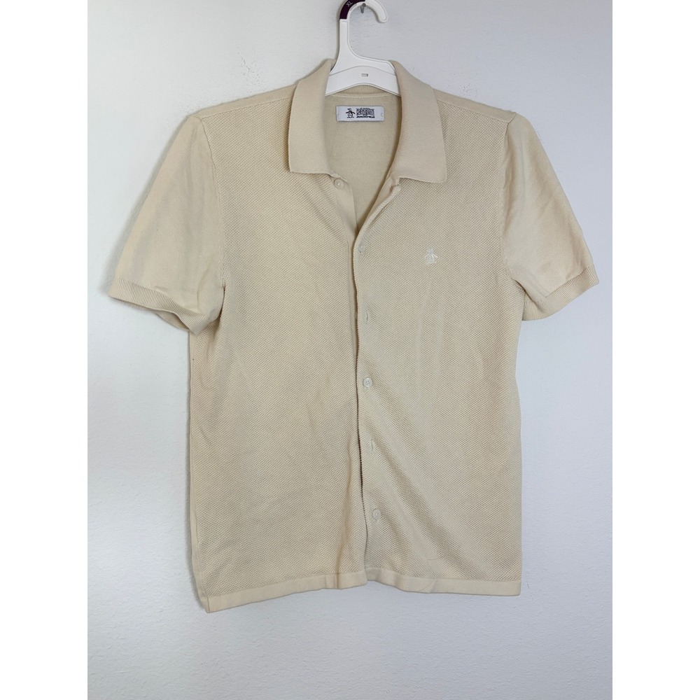 Original Penguin Munsingwear Mens Small Cream Knit Button Down Polo Shirt Logo